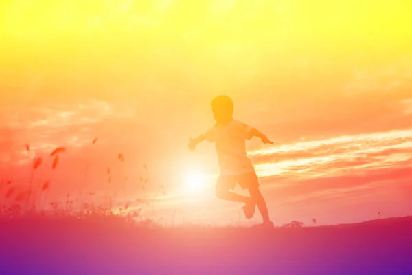 Silueta Niño Momentos Alegría Del Niño Puesta Sol Naturaleza — Foto de Stock