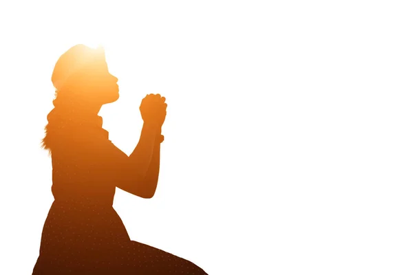Silhouette Woman Praying Beautiful Sky Background — Stock Photo, Image
