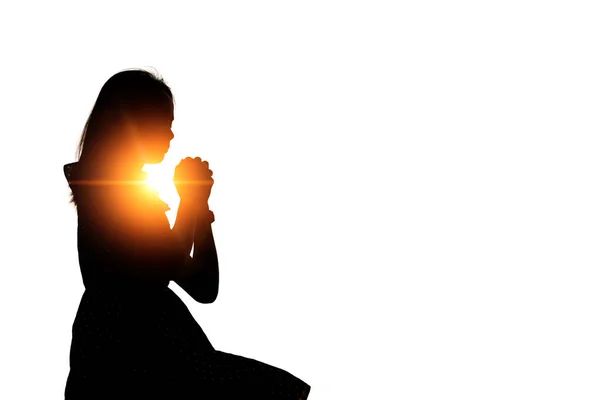 Silhouette Woman Praying Beautiful Sky Background — Stock Photo, Image