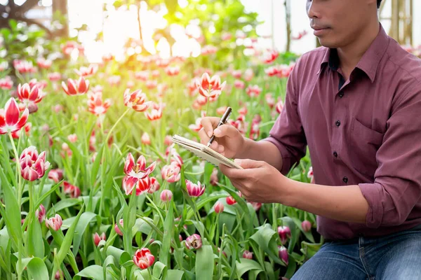 Homem Tomando Notas Jardim Flores Brancas — Fotografia de Stock