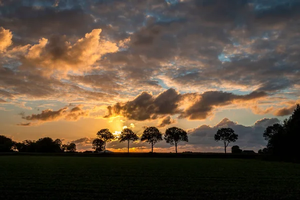 Чудовий Захід Сонця Рівнинній Сільській Місцевості Гронінген Поблизу Села Єргуізен — стокове фото