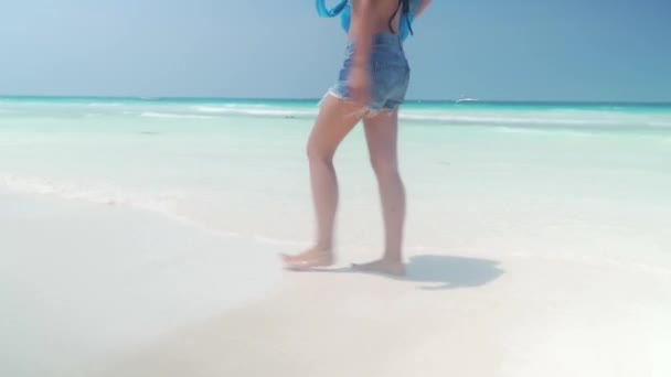 Barefoot girl walks on sandy beach along ocean — Stock Video