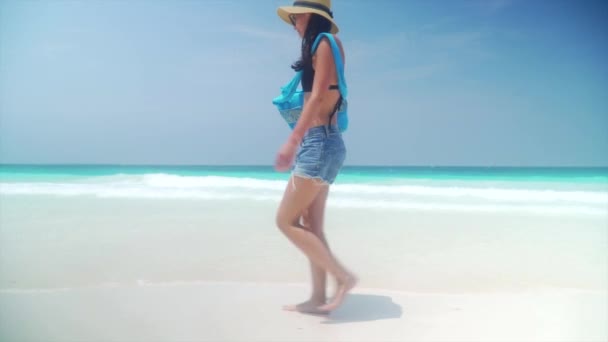 Barefoot girl walks on sandy beach along ocean — Stock Video