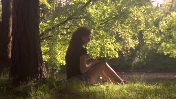 Mujer joven en el parque utiliza teléfono inteligente y tableta — Vídeos de Stock