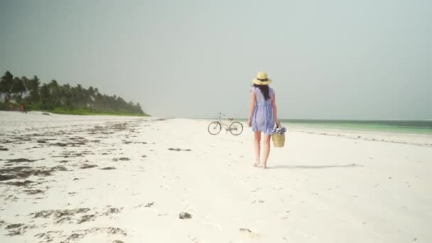 Young woman walks barefoot on beach along ocean — Stok video