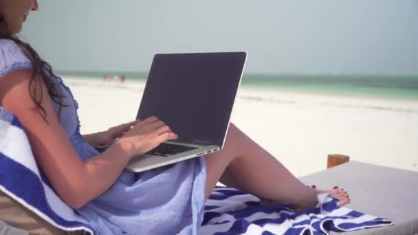 Young woman uses laptop on white beach near ocean — Stok video