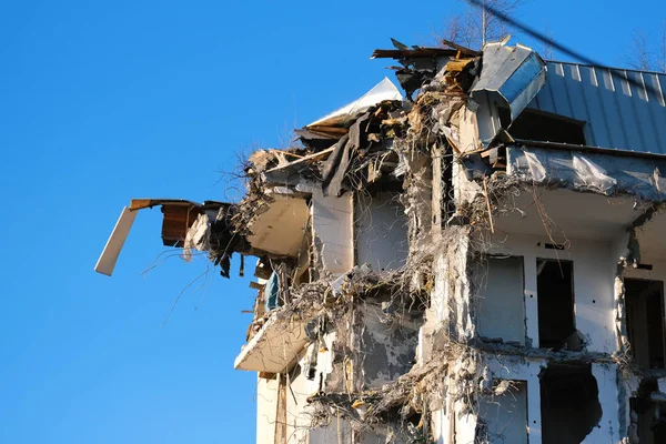 Demolished destructed building ruins.