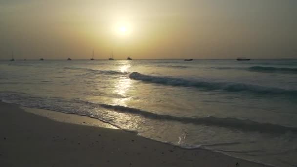 Морские волны катятся по песчаному пляжу на закате — стоковое видео