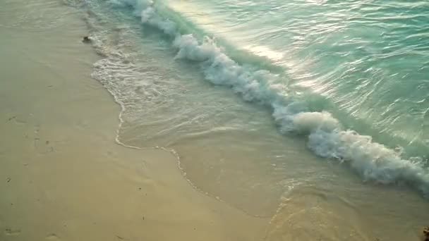 Ondas do mar rolando na praia de areia ao pôr do sol — Vídeo de Stock