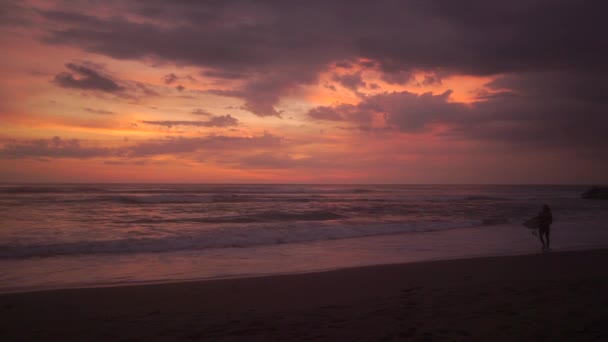 Adult Girl silhuett går på stranden vid solnedgången — Stockvideo