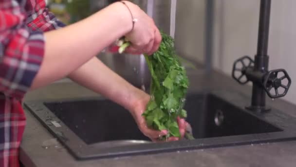Молодая домохозяйка моет зелень в кухонной раковине — стоковое видео