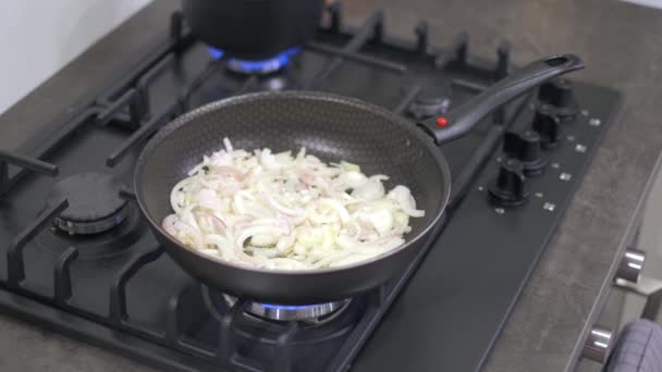 Gehakte uienringen gebakken in een hete koekenpan — Stockvideo