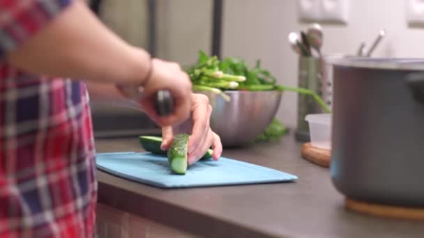Fiatal háziasszony darabok uborka műanyag fedélzeten — Stock videók