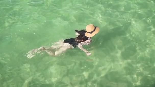 Mädchen schwimmt in klarem, buntem, transparentem Wasser — Stockvideo