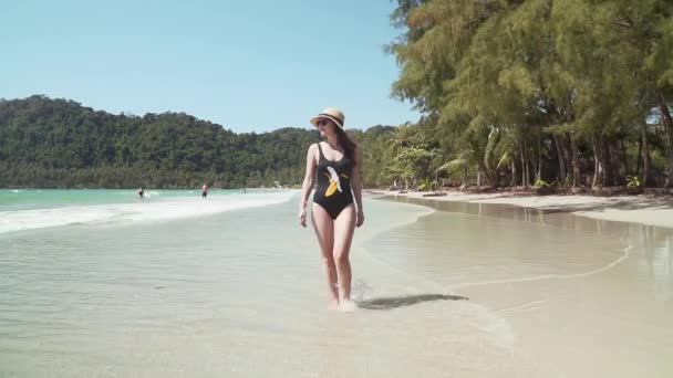 Jovem mulher caminha ao longo da praia de areia por mar — Vídeo de Stock