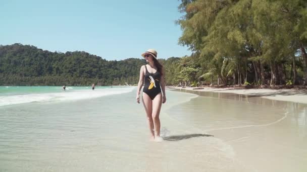 Jeune femme se promène le long de la plage de sable par la mer — Video