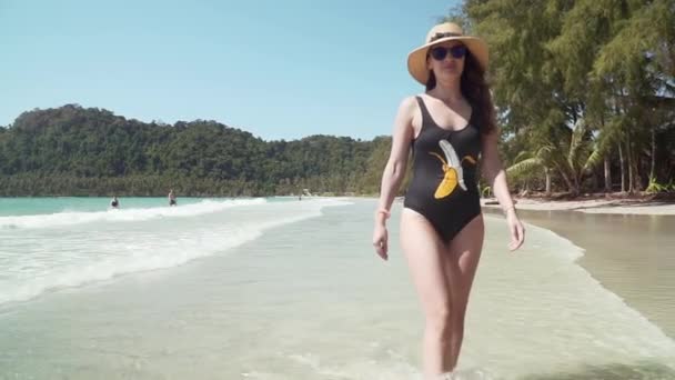 Young woman walks along sandy beach by sea — Stock Video