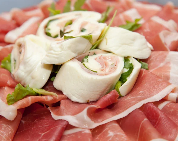 Roll Tomato Mozzarella Cheese Raw Ham — Stock Photo, Image