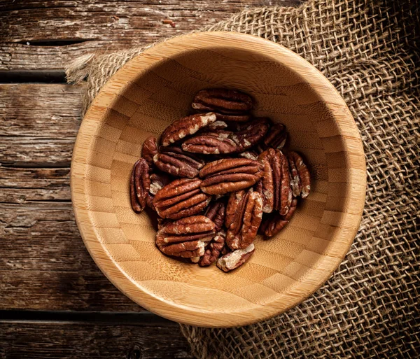 Top Viiew Pecan Nuts Wooden Background — Stock Photo, Image