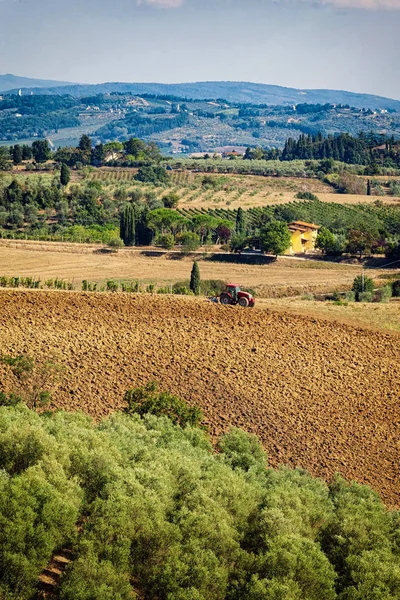 典型的なブドウ畑 オリーブ林とトラクターの作業とトスカーナの丘の風景 モンテレッポリ フィレンツェ イタリア — ストック写真