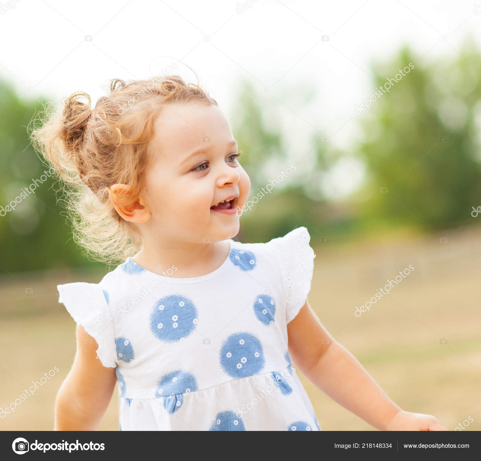 Pretty Little Girl Blond Hair Blue Eyes Plays Outdoor Summer