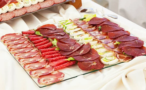 Trays Mixed Salami Mozzarella Wedding Buffet — Stock Photo, Image