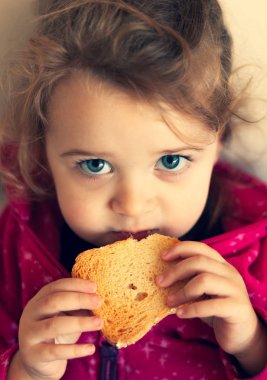 Küçük bir kız bir rusk yeme portresi.