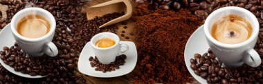 Espresso, kruvasan ve kahve çekirdekleri ile kahve afiş kolaj.