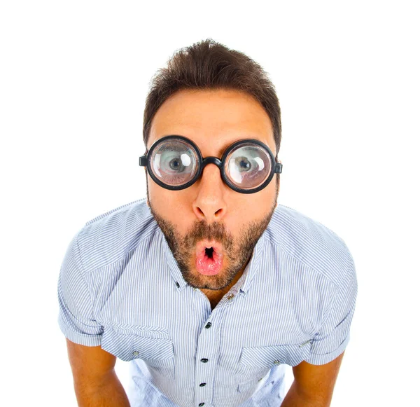 Young Man Surprised Expression Thick Glasses White Background — Stock Photo, Image
