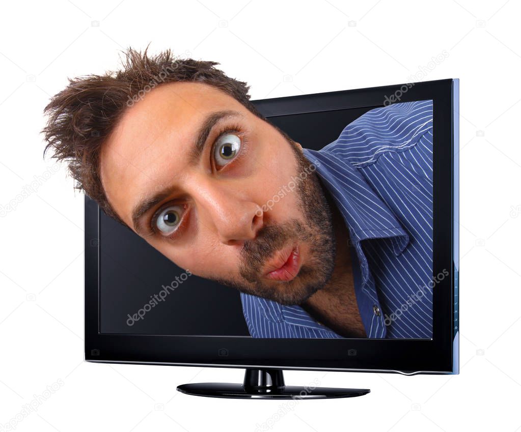 Man with funny expression jumping out of the TV, 3d effect.