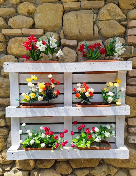 Pallet Rebuilt Flower Boxes Rustic Wall — Stock Photo, Image