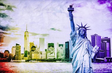 Özgürlük heykeli, büyük elma, özgürlüğün sembolü ile New York City cityscape. Kağıt üzerinde gökkuşağı etkisi.