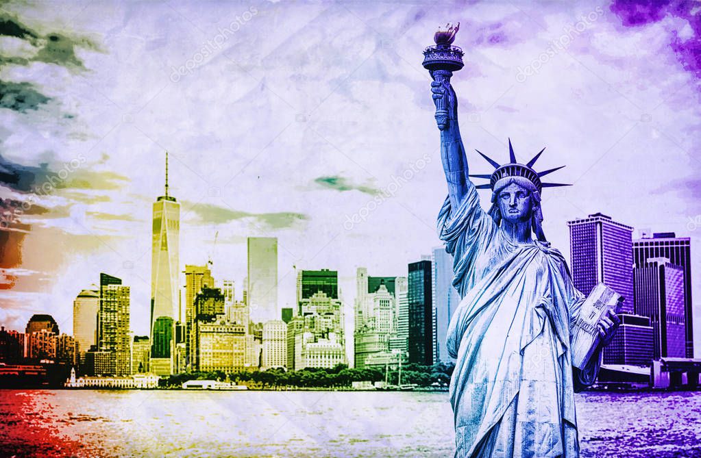 New York City cityscape with Liberty Statue, the big apple, symbol of freedom. Rainbow effect on paper.