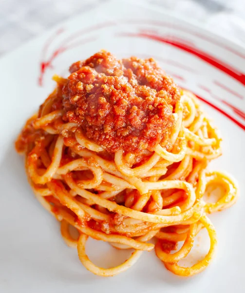 Traditional Tuscan Dish Pici Pasta Wild Boar Meat — Stock Photo, Image