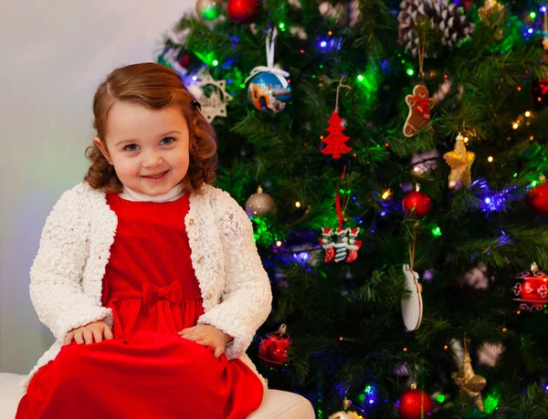 Portrait Beautiful Little Child Red Dress Christmas Tree — Stock Photo, Image