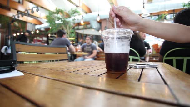 Cola Ice Straw Take Away Cup Wood Table — Stock Video