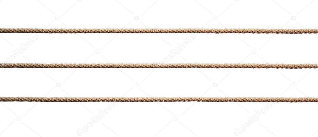 Three straight lines of twisted manila rope isolated on a white background.