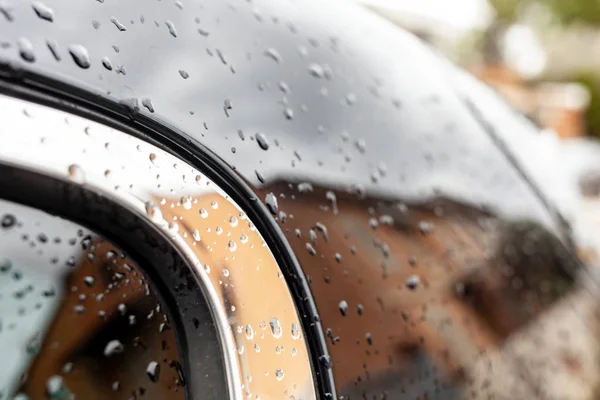 Detail Black Bodywork Chrome Profiles Car Drops Water — Stock Photo, Image
