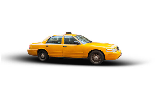 Yellow cab isolated on white background. The taxicabs of New York City are widely recognized icons of the city.