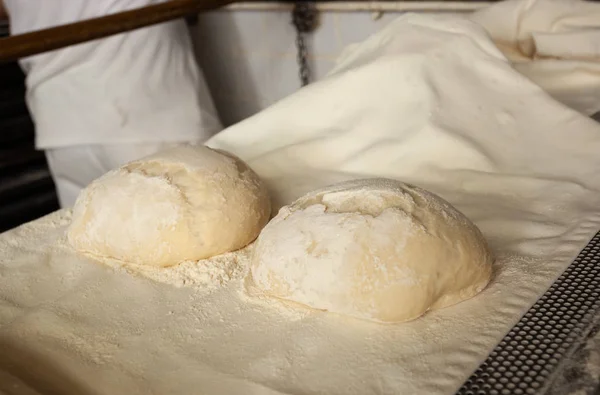 Production of baked bread with a wood oven in a bakery. — Stock Photo, Image