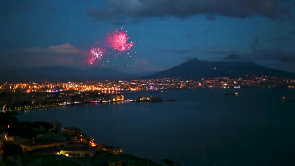 Nachtzicht Met Vuurwerk Van Napels Italië — Stockvideo