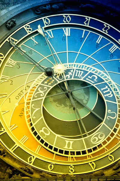 Close Detail Bohemian Astronomical Clock Sun Moon Zodiac Signs Animated — Stock Photo, Image