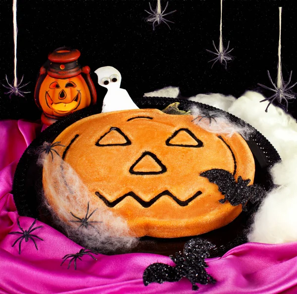 Pumpkin Pie Spiders Black Background — Stock Photo, Image