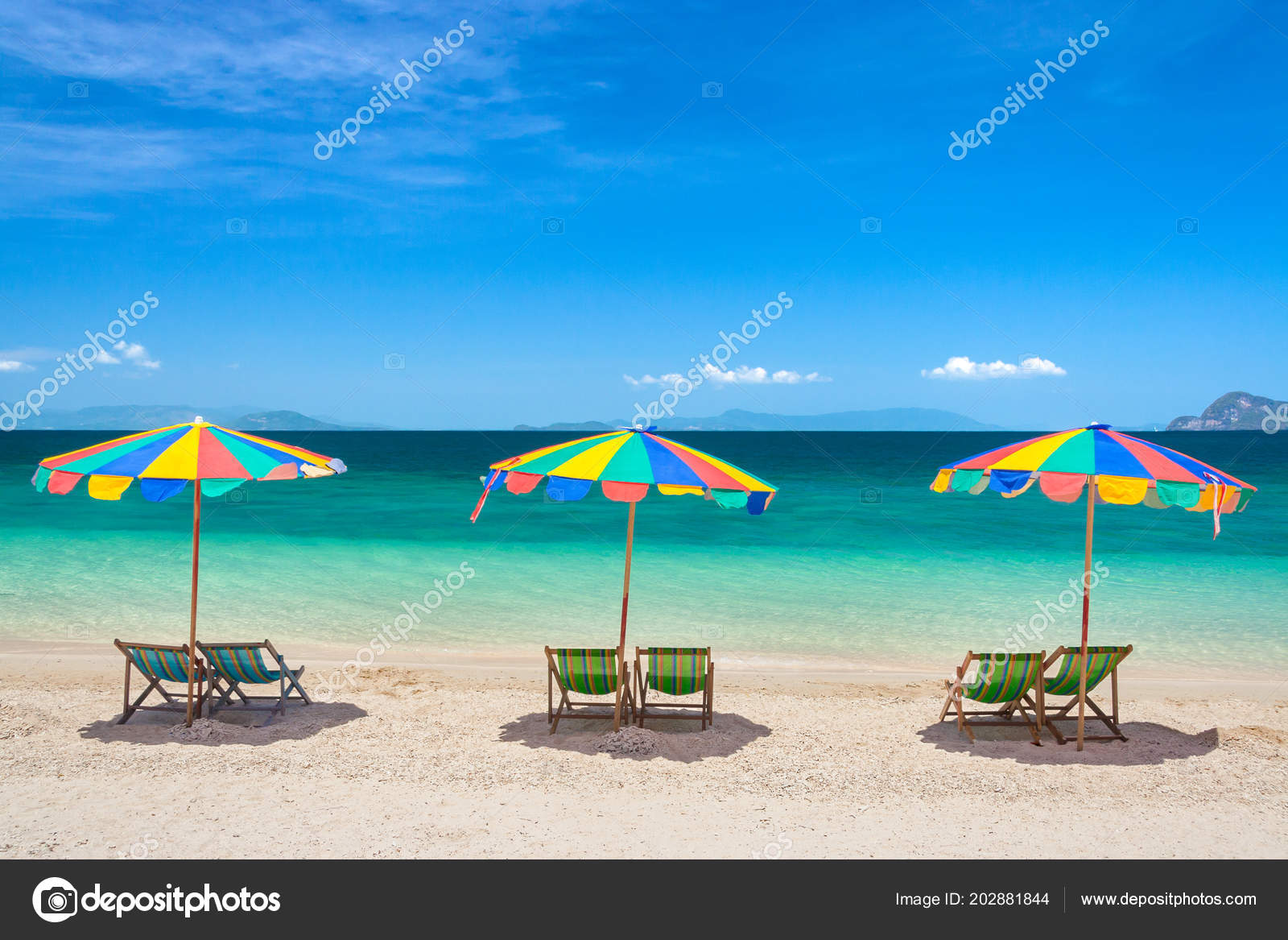 Colorful Beach Chairs Umbrellas Sunny Day Stock Photo