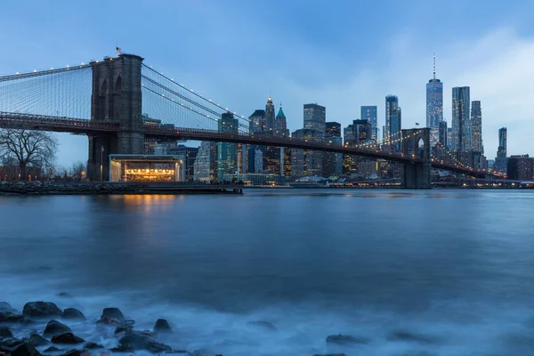 Brooklyn Bridge Centrul Orașului Manhattan Cityscape Într Tulbure Cețoasă Apus — Fotografie, imagine de stoc