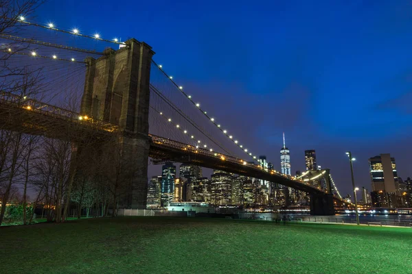 Brooklyn Bridge Centrul Orașului Manhattan Cityscape Noaptea New York Statele — Fotografie, imagine de stoc