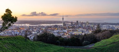 Auckland city skyline with Auckland Sky Tower from Mt. Eden at sunset New Zealand clipart
