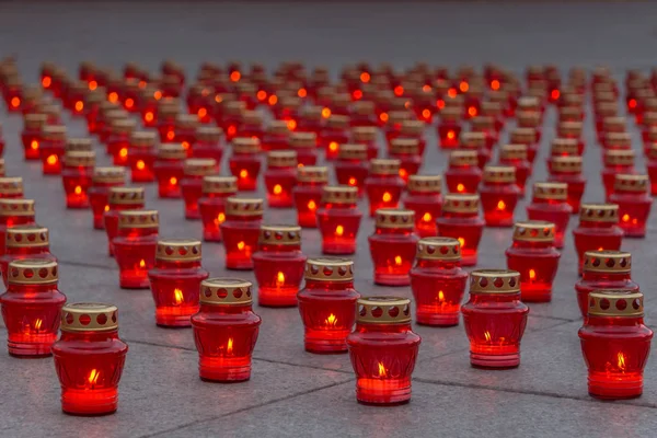 Burning Memorial Red Lantern Candles Granite Slabs Hallowmas All Saints — Stock Photo, Image