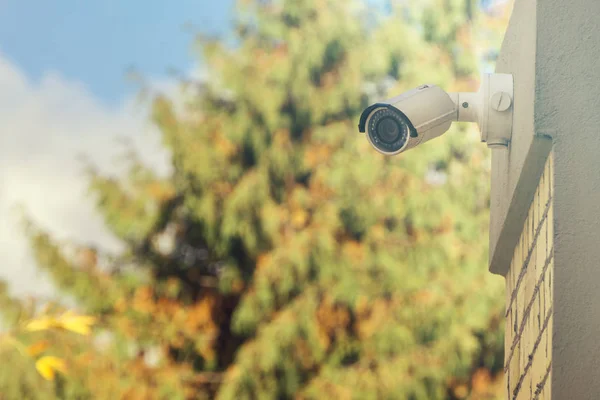 Modern Cctv kamera binanın duvarında, yeşillik arka plan yüklü. Kavramı gözetim ve izleme.