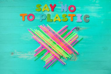 Plastik - plastik çöp, üstten görünüm ile yeşil ahşap arka plan üzerinde renkli ahşap harfler ifade için Hayır